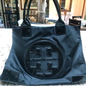 Tory Burch Ella Nylon Patent Leather Tote in Black